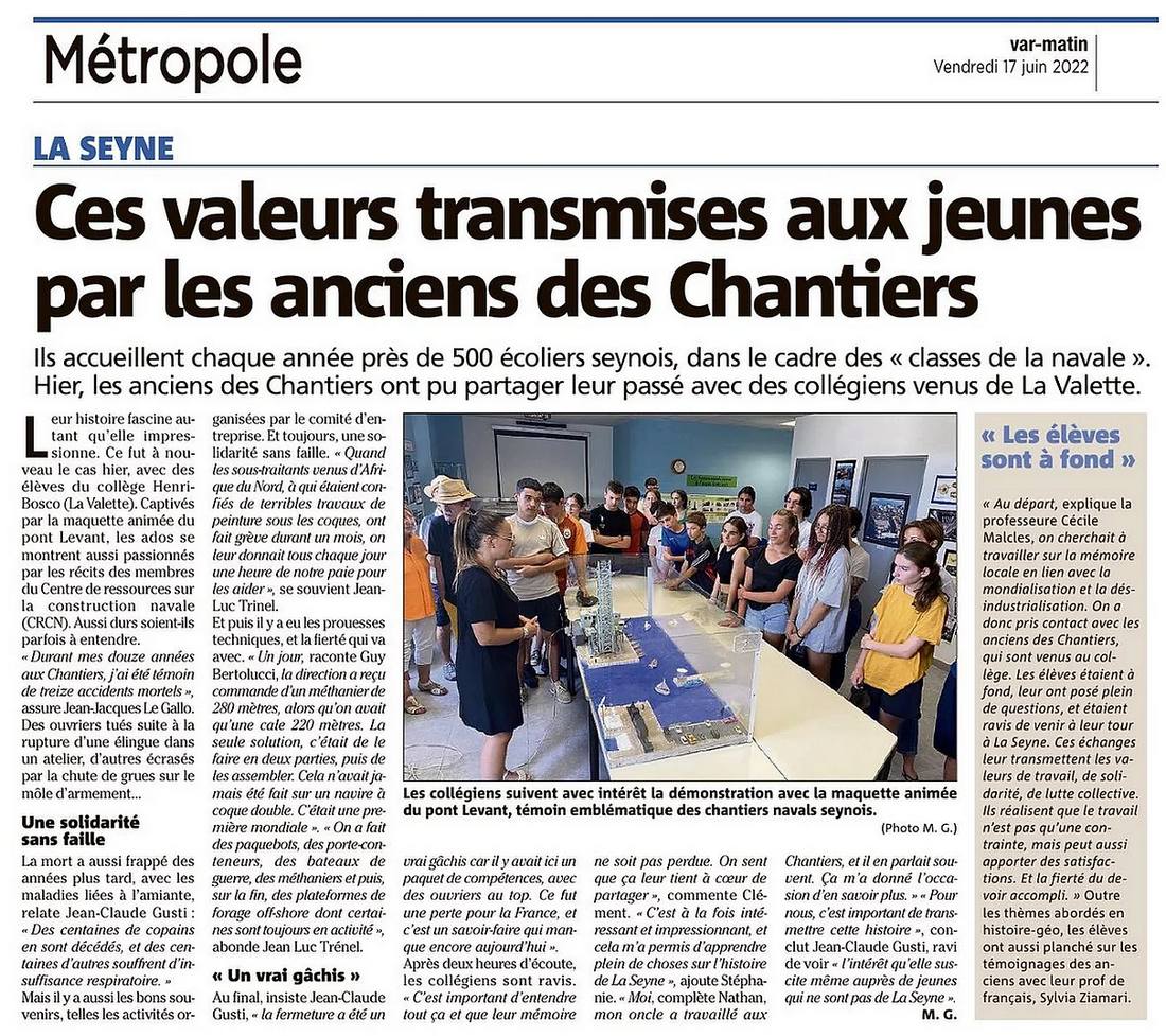 Valeurs transmises aux jeunes par les anciens des Chantiers