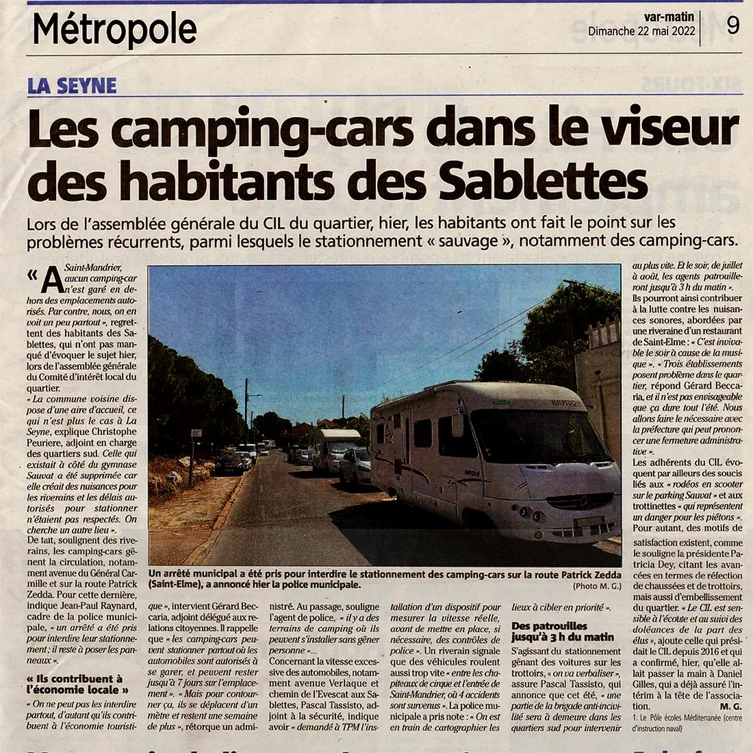 Camping-cars dans le viseur des habitants des Sablettes