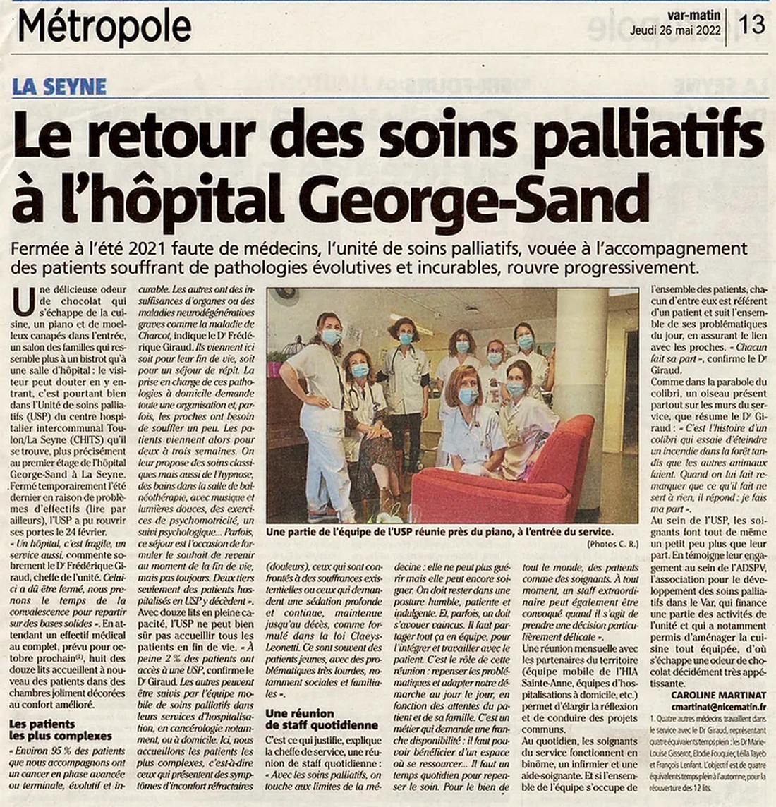 Retour des soins palliatifs  l'hpital George Sand La Seyne