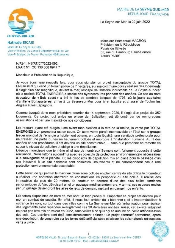 courrier de Madame le Maire à Monsieur Macron
