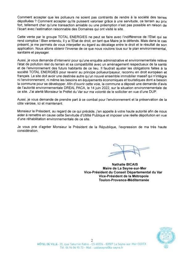 courrier de Madame le Maire à Monsieur Macron